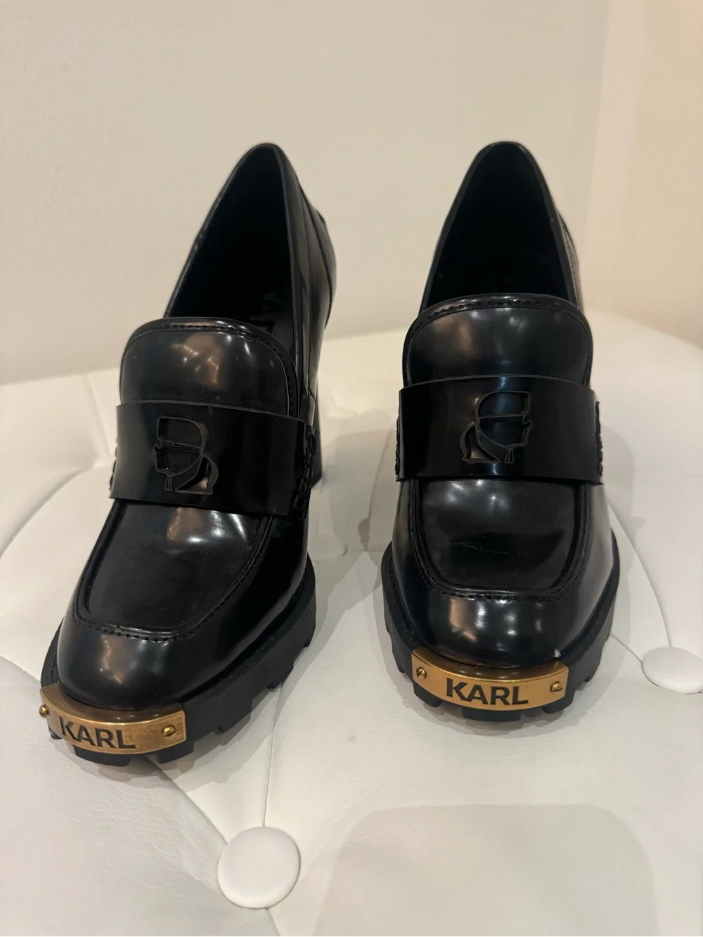 Karl Lagerfeld Black Leather Loafers with Gold Plate